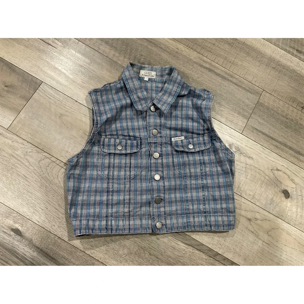 Vintage Guess Jeans Plaid Sleeveless Vest Blue White Cropped XL USA Made